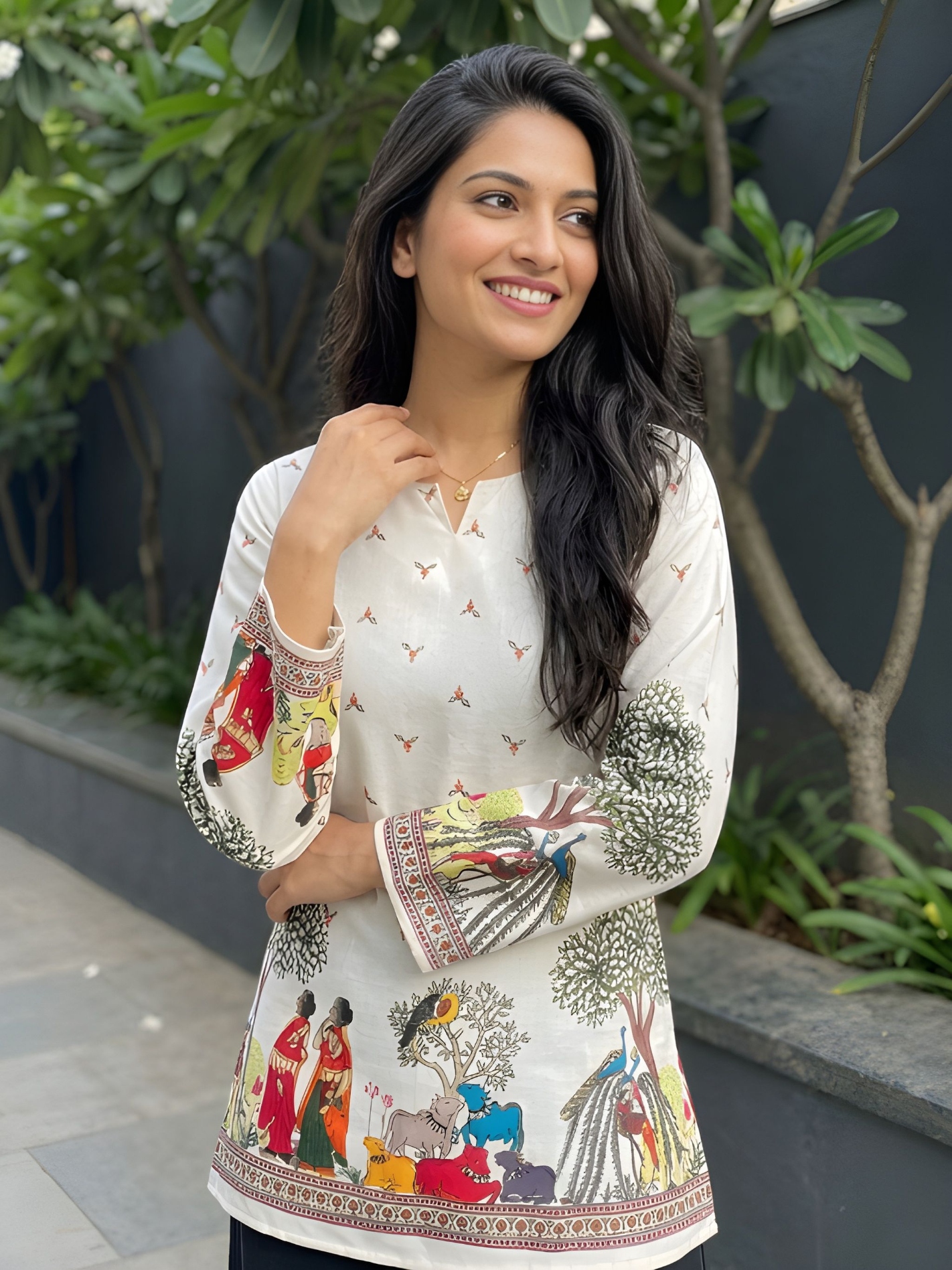 Cream Kalamkari Printed Cotton Tunic Top