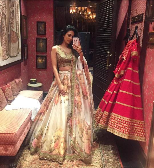Cream Khadi Organza Floral Print Lehenga