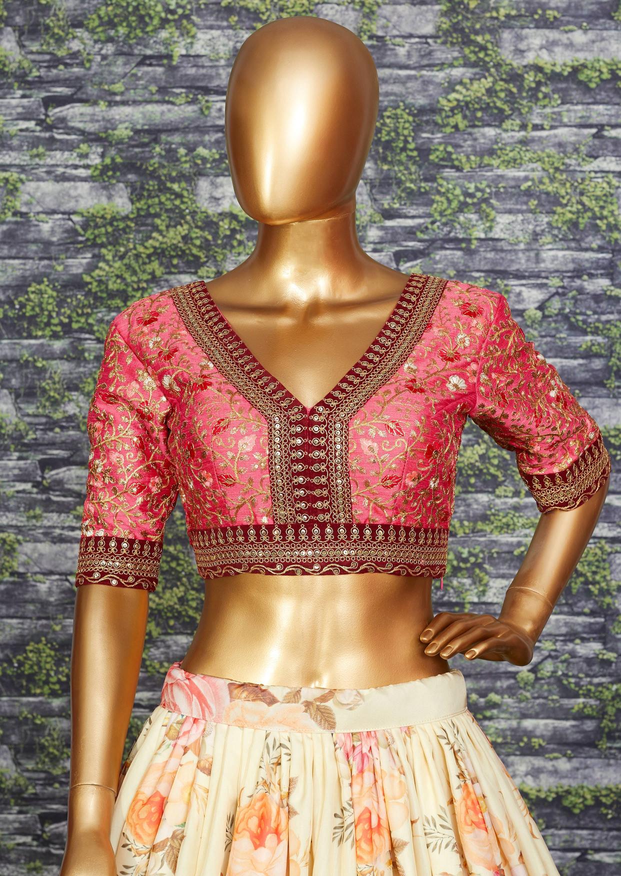 Cream Khadi Organza Floral Print Lehenga