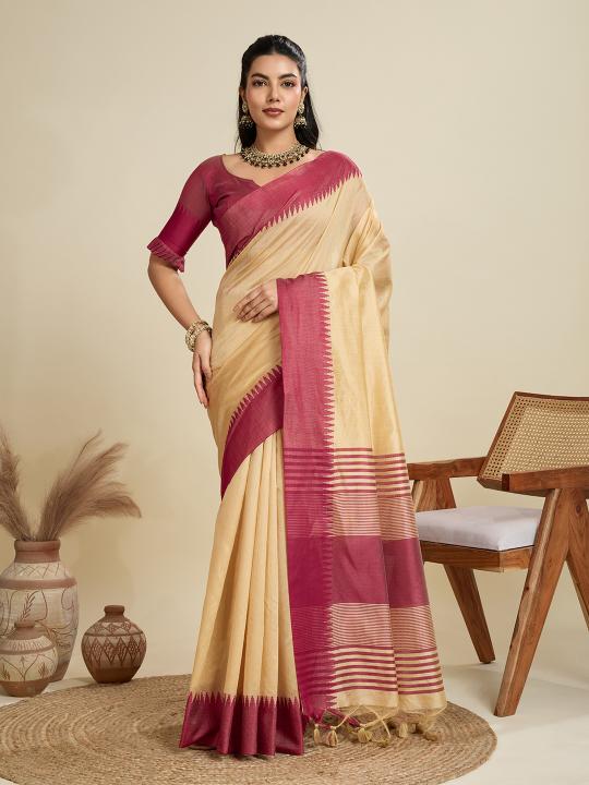 Cream Khadi Raw Silk Saree