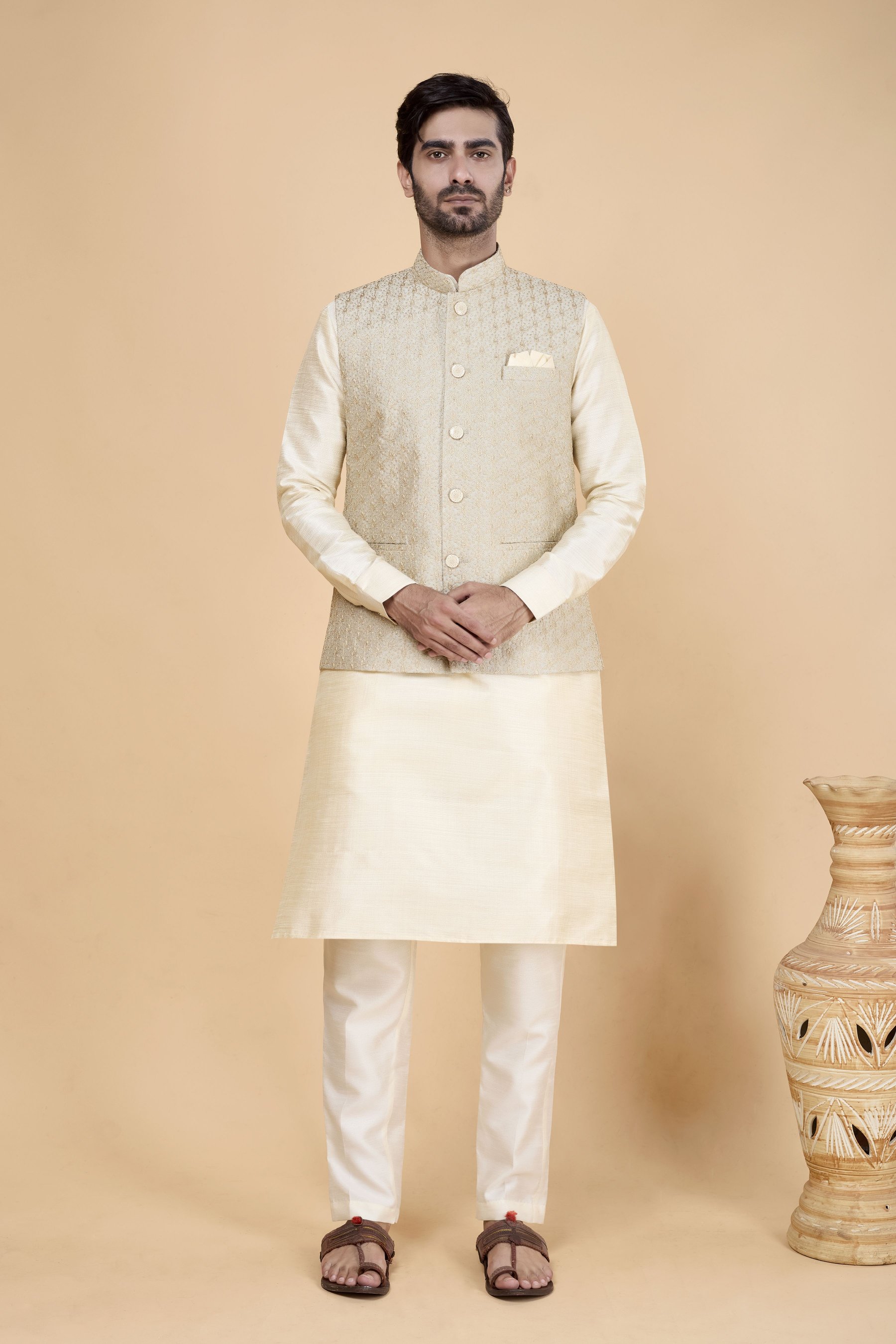 Cream Kurta with Beige Jacket Banarasi Silk Kurta Pyjama