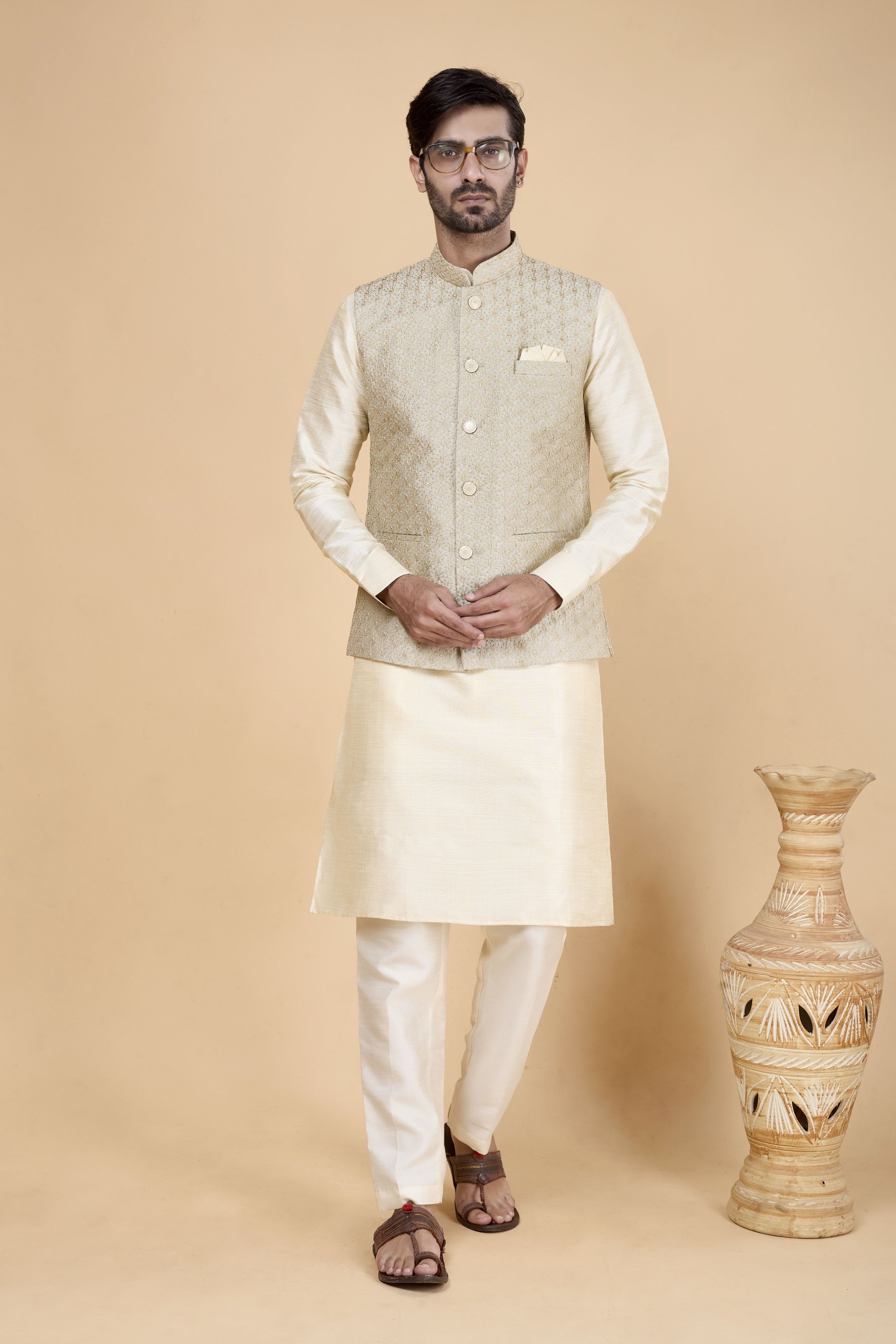 Cream Kurta with Beige Jacket Banarasi Silk Kurta Pyjama