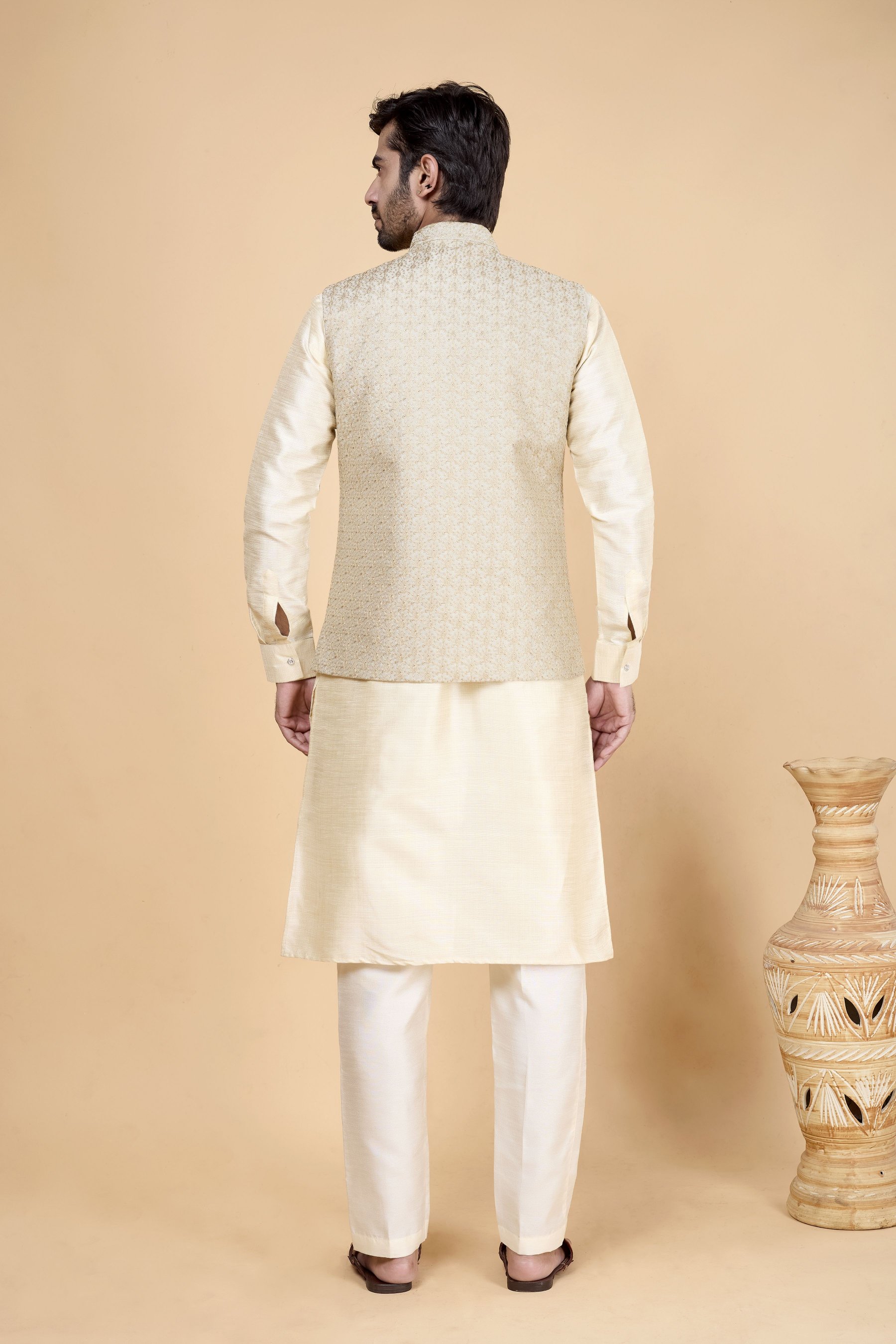 Cream Kurta with Beige Jacket Banarasi Silk Kurta Pyjama