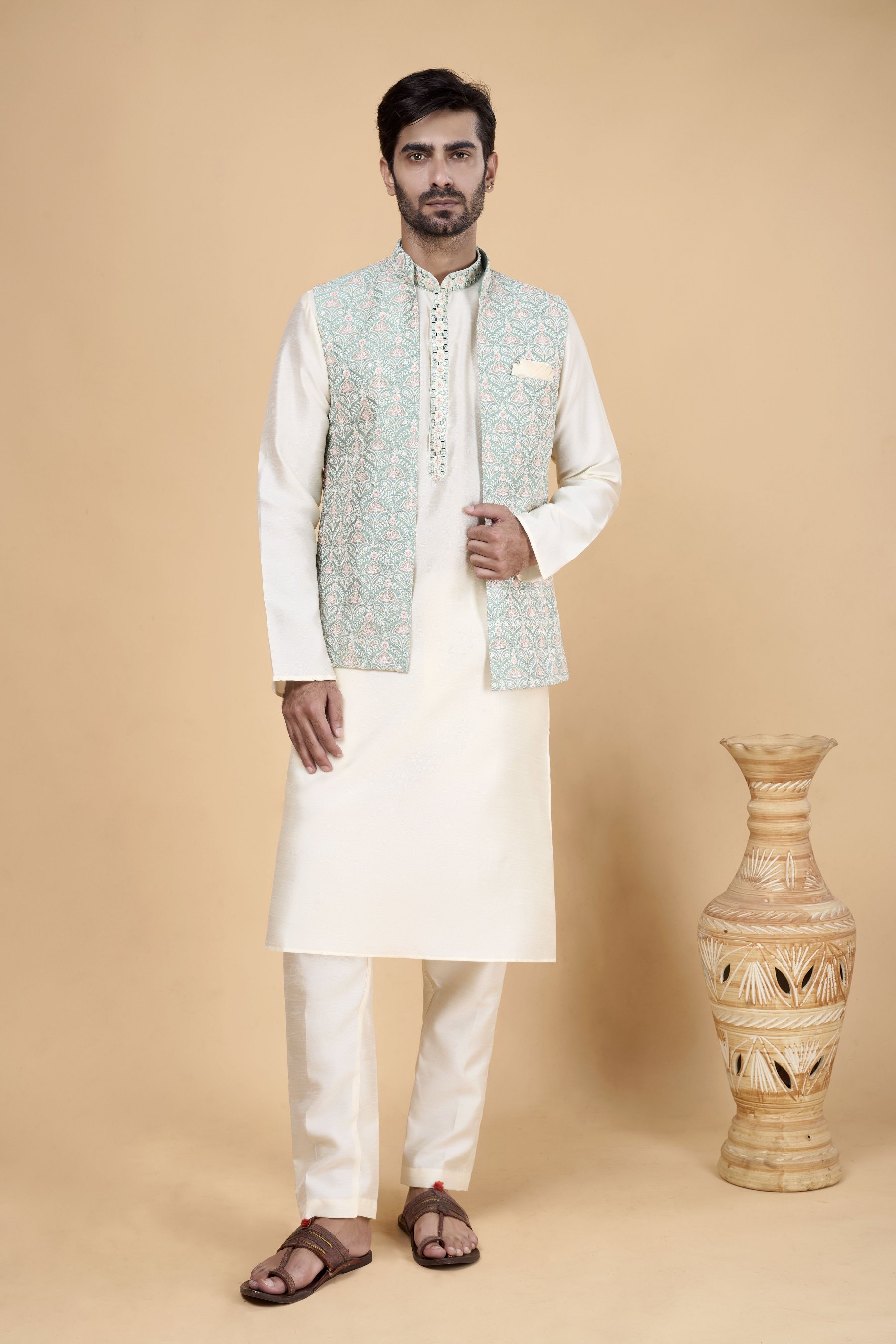 Cream Kurta with Pista Jacket Banarasi Silk Kurta Pyjama