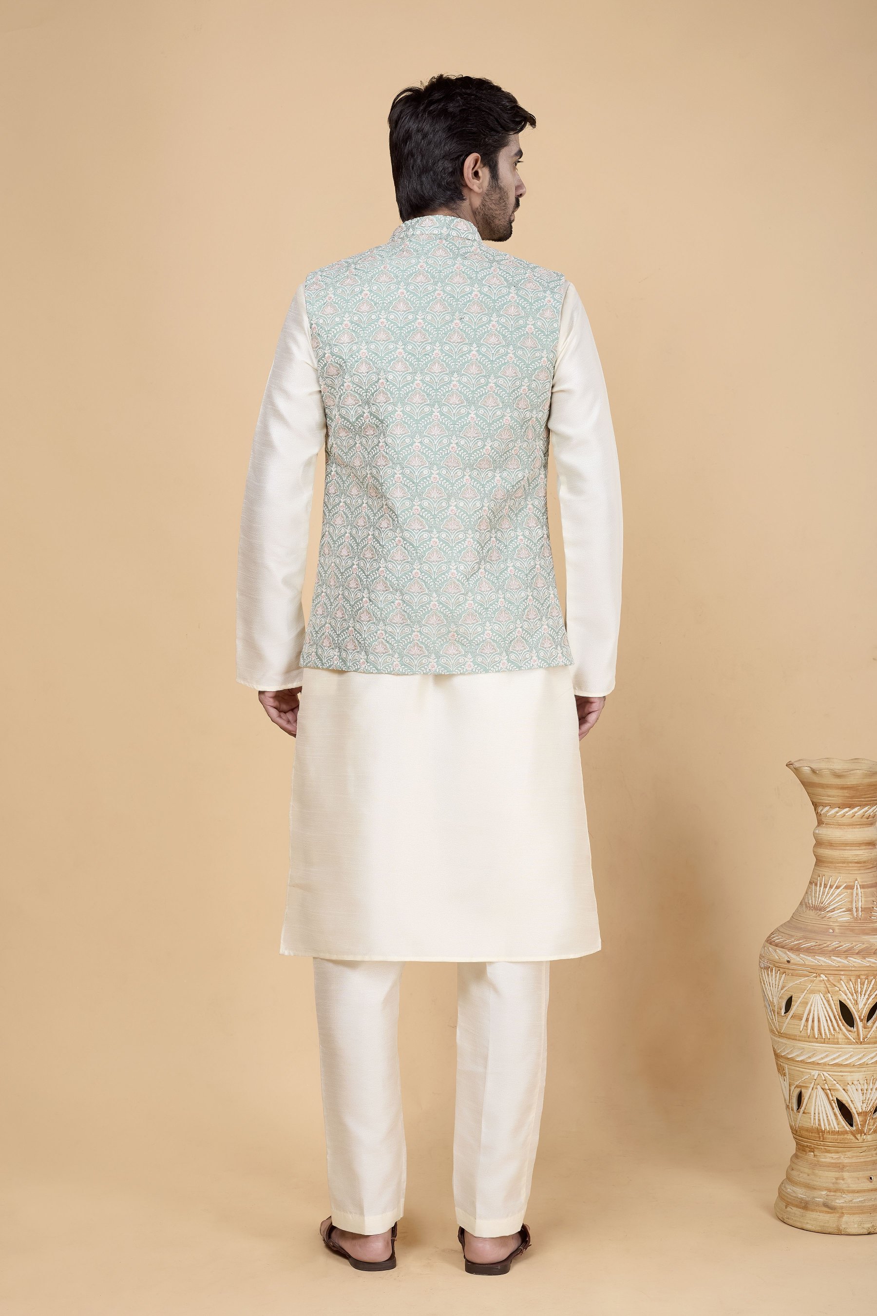Cream Kurta with Pista Jacket Banarasi Silk Kurta Pyjama — alternate view