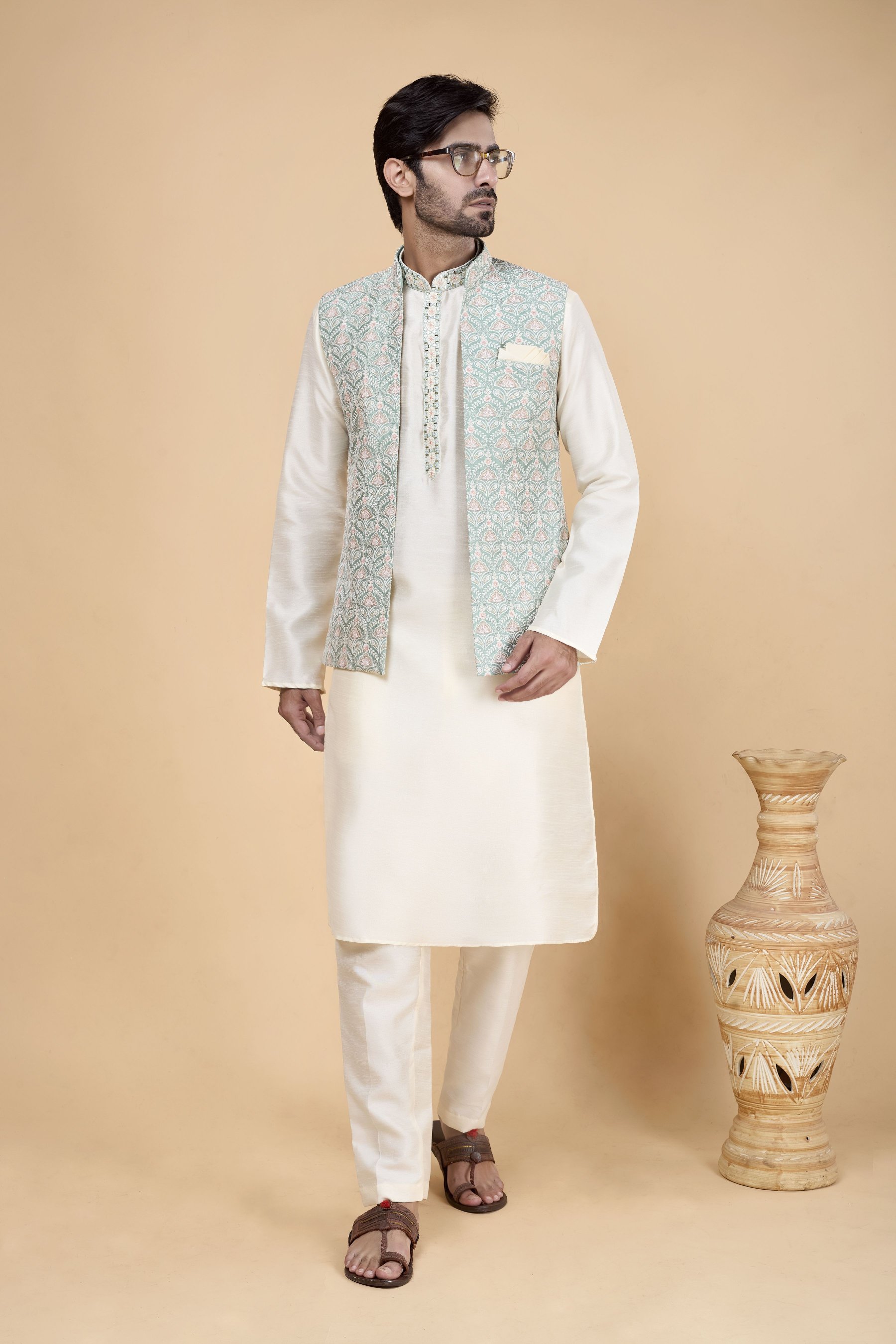 Cream Kurta with Pista Jacket Banarasi Silk Kurta Pyjama