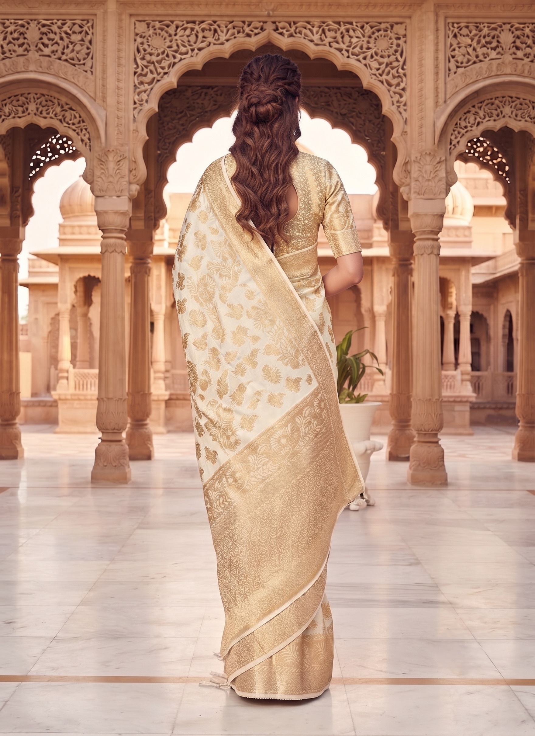 Cream Leaf Buti Zari Woven Fendy Satin Saree — alternate view