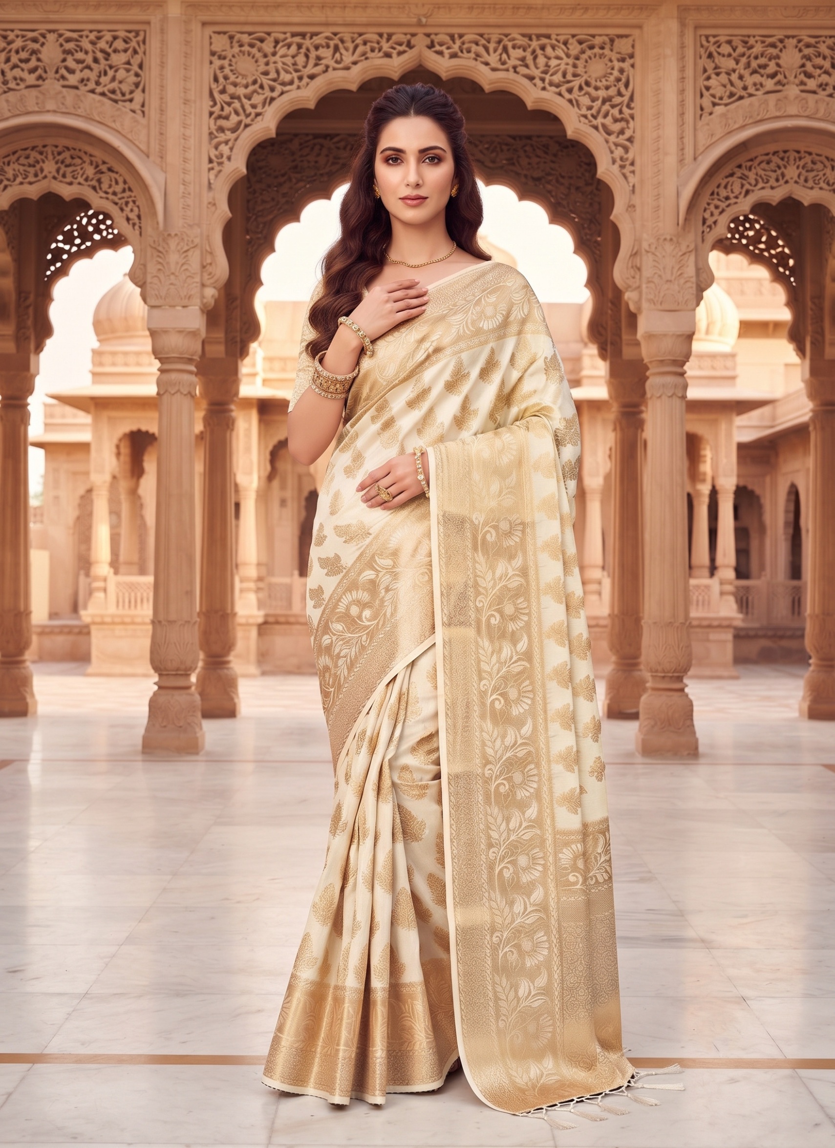Cream Leaf Buti Zari Woven Fendy Satin Saree