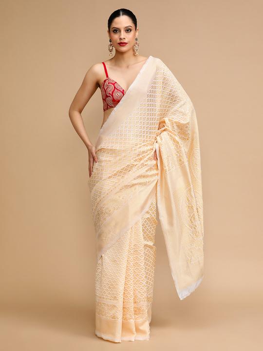 Cream Lichi Silk Saree