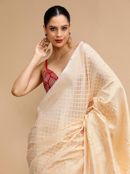 Cream Lichi Silk Saree