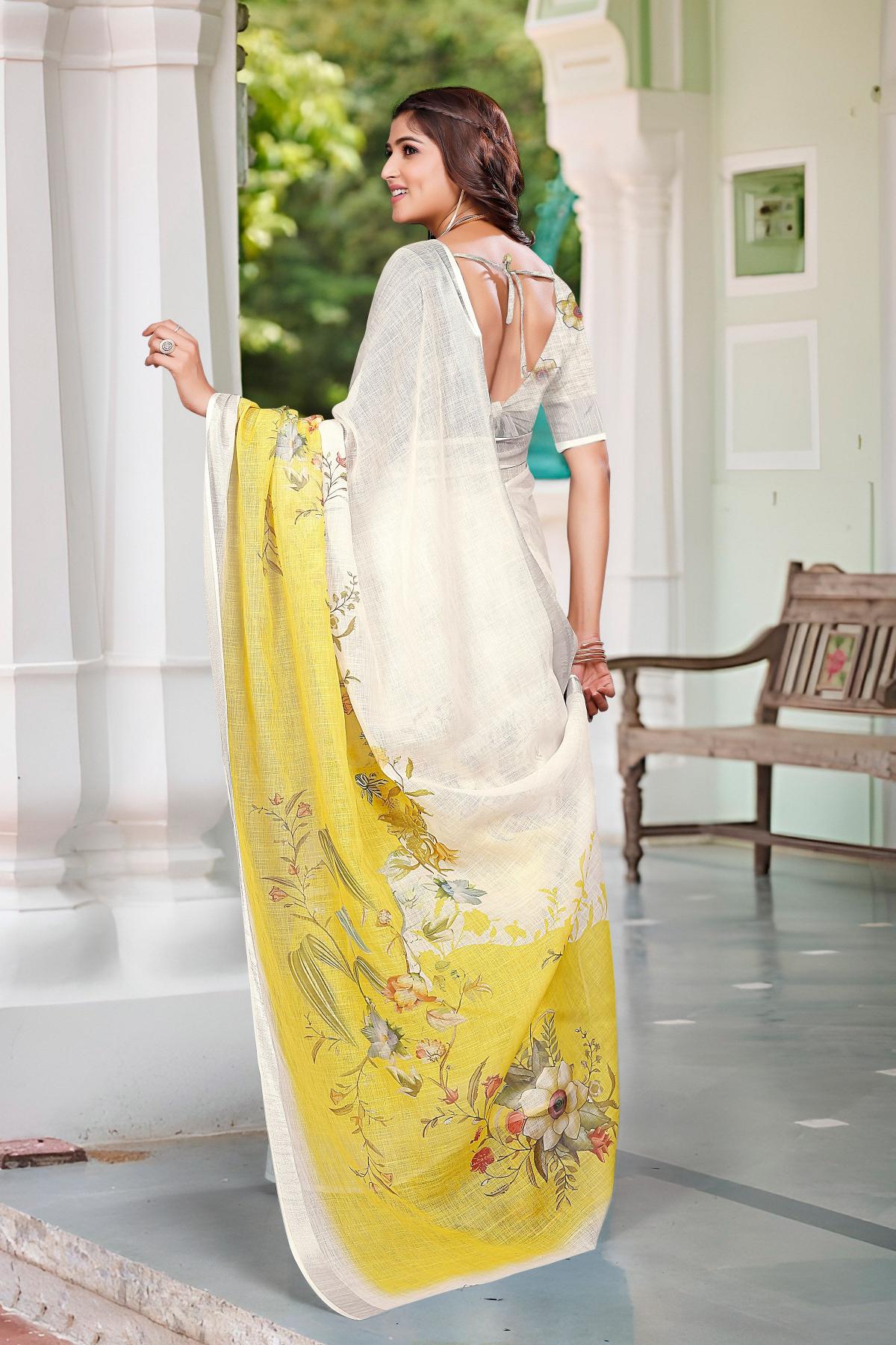 Cream Linen Cotton Digital Printed Saree — alternate view
