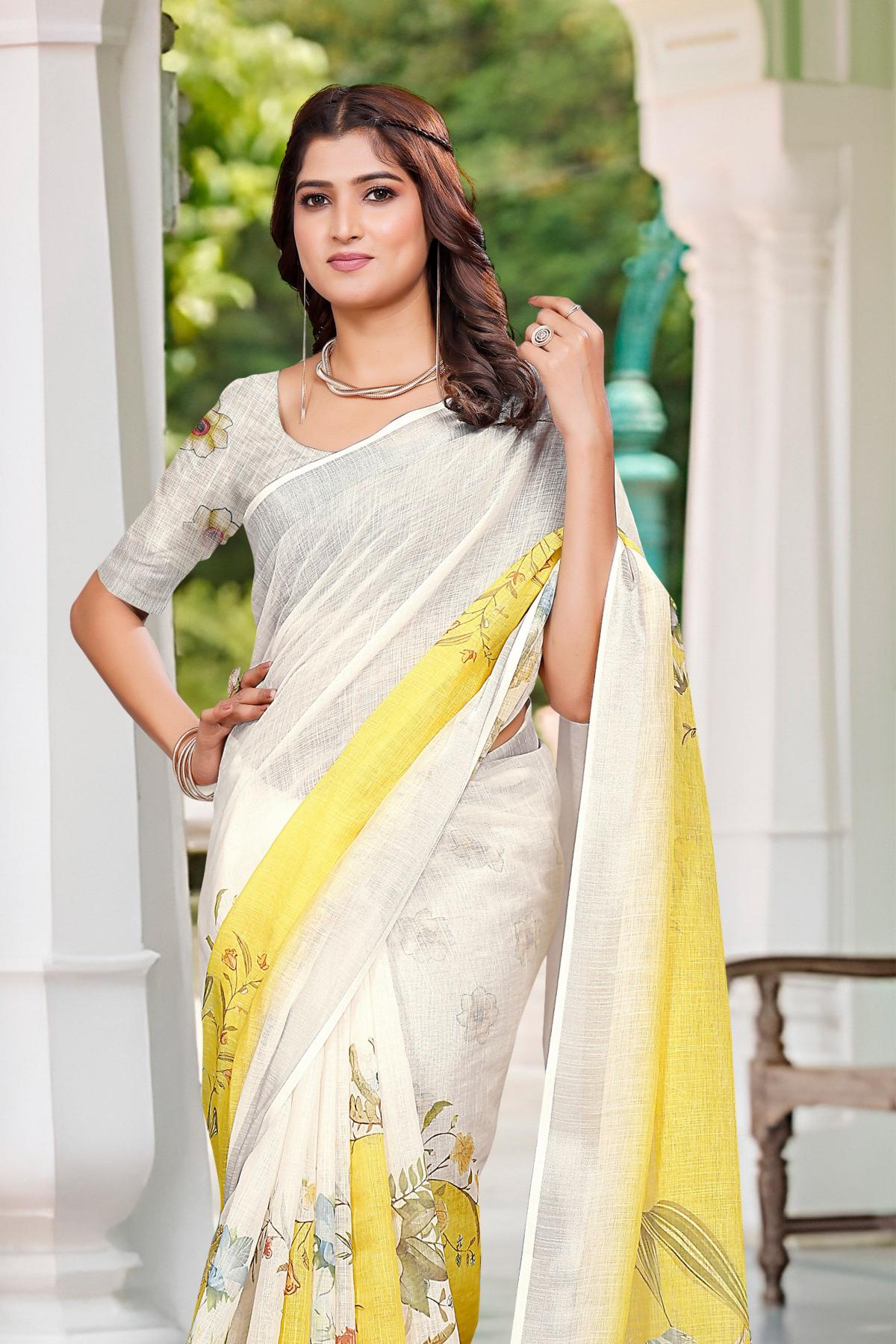 Cream Linen Cotton Digital Printed Saree