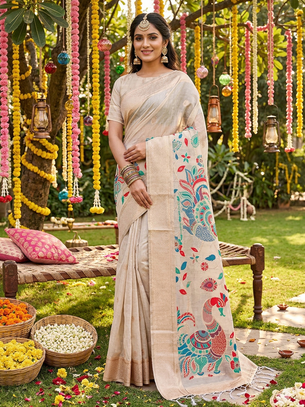 Cream Linen Cotton Woven Designer Saree