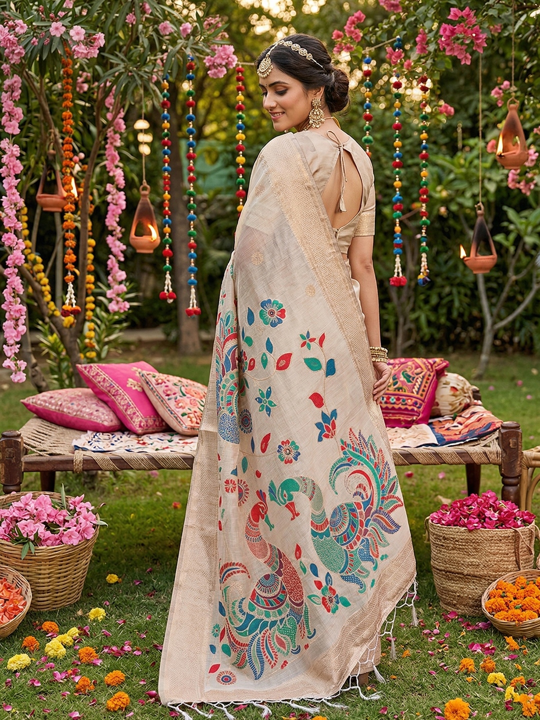 Cream Linen Cotton Woven Designer Saree