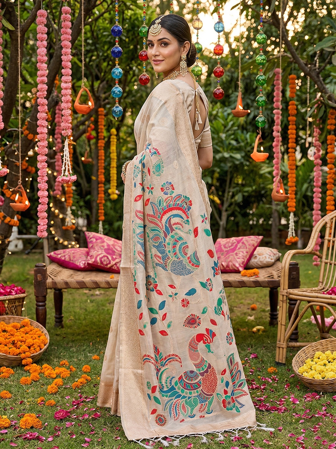 Cream Linen Cotton Woven Designer Saree