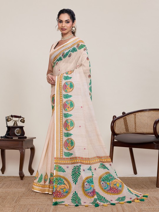 Cream Linen Silk Printed Zari Designer Saree