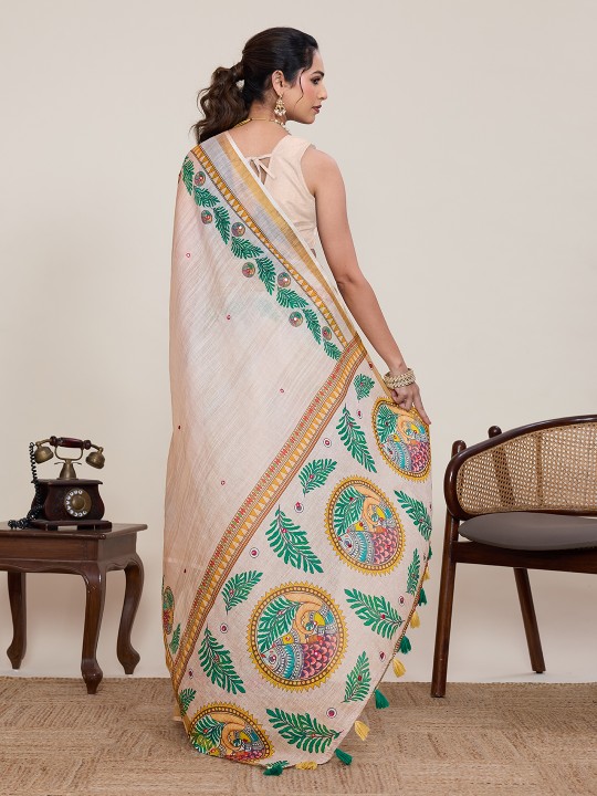 Cream Linen Silk Printed Zari Designer Saree — alternate view