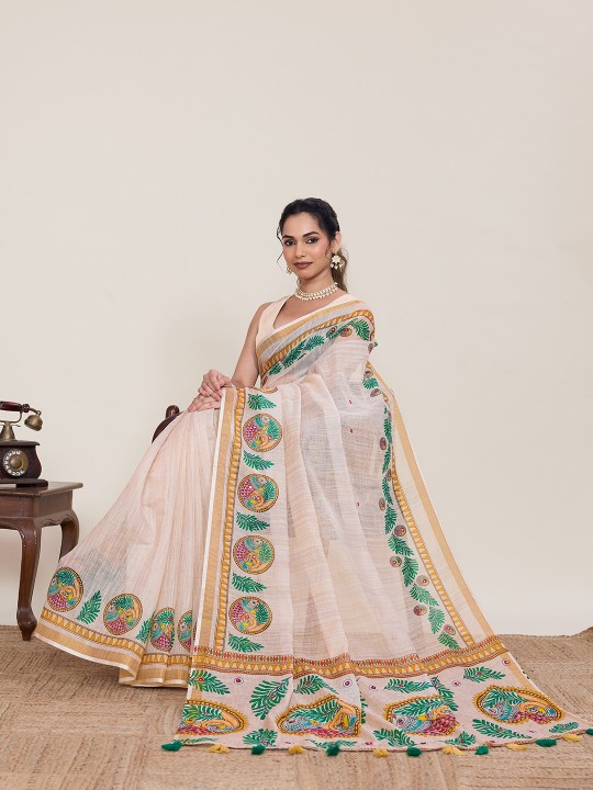 Cream Linen Silk Printed Zari Designer Saree