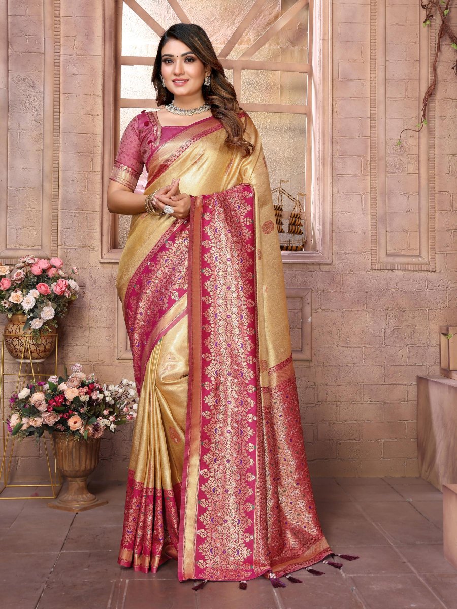 Cream Maroon Banarasi Tissue Silk Saree