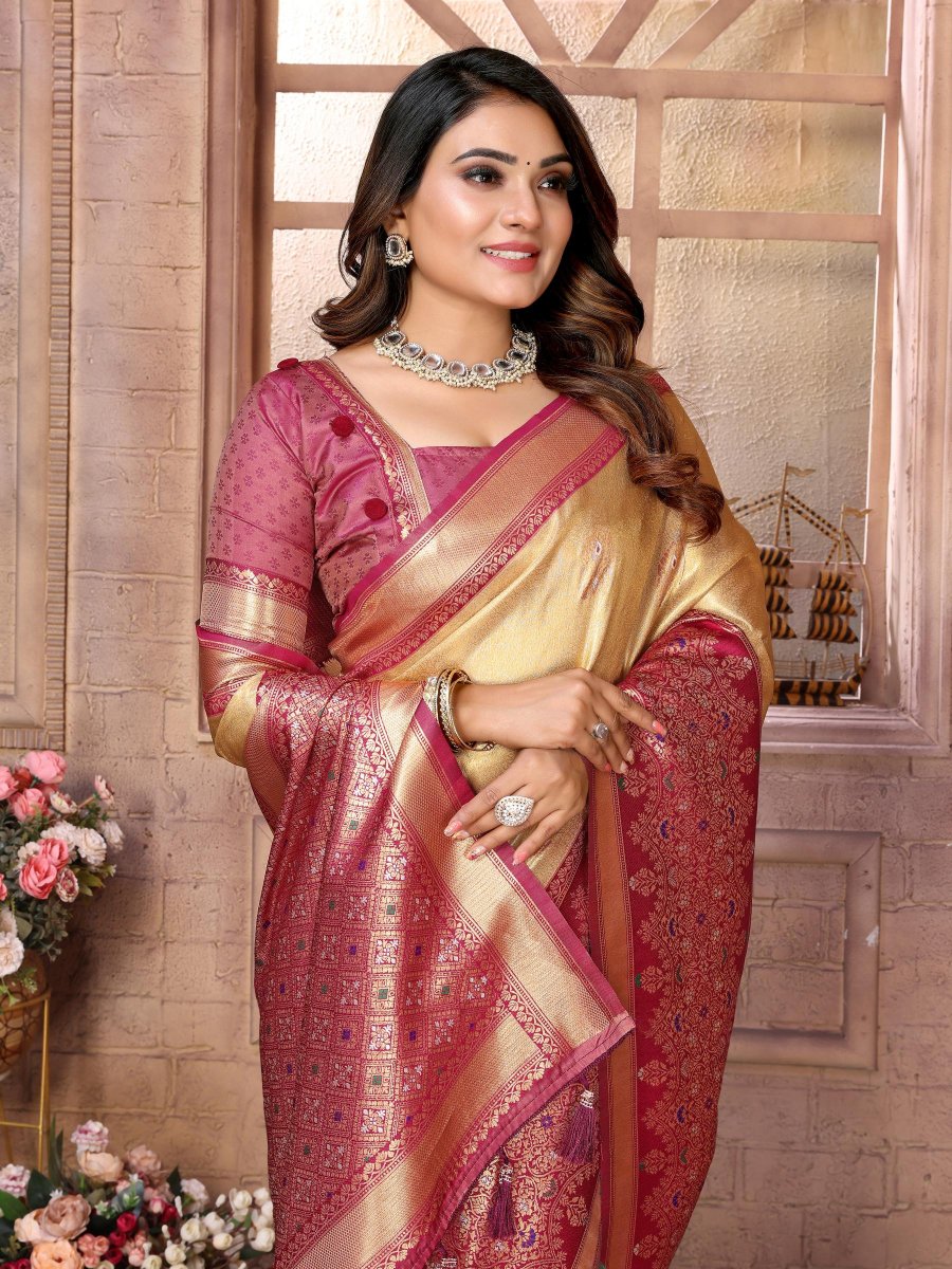 Cream Maroon Banarasi Tissue Silk Saree