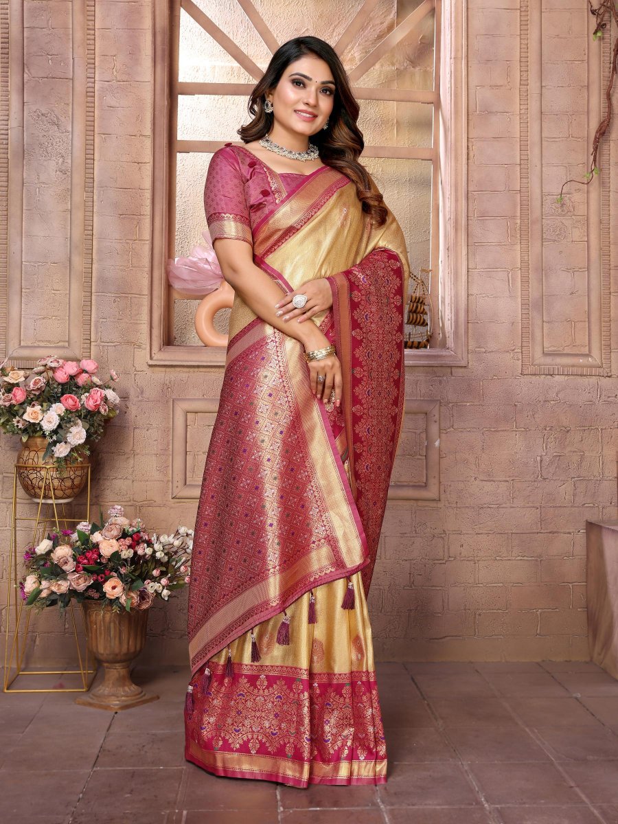 Cream Maroon Banarasi Tissue Silk Saree