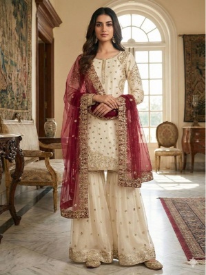 Cream Maroon Embroidered Pure Fendy Silk Sharara Suit
