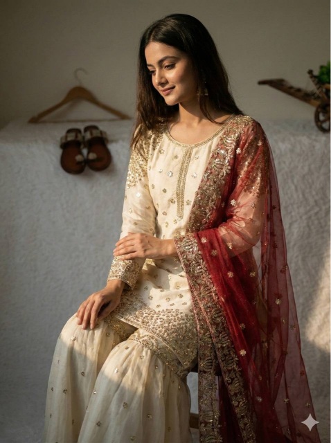 Cream Maroon Embroidered Pure Fendy Silk Sharara Suit — alternate view