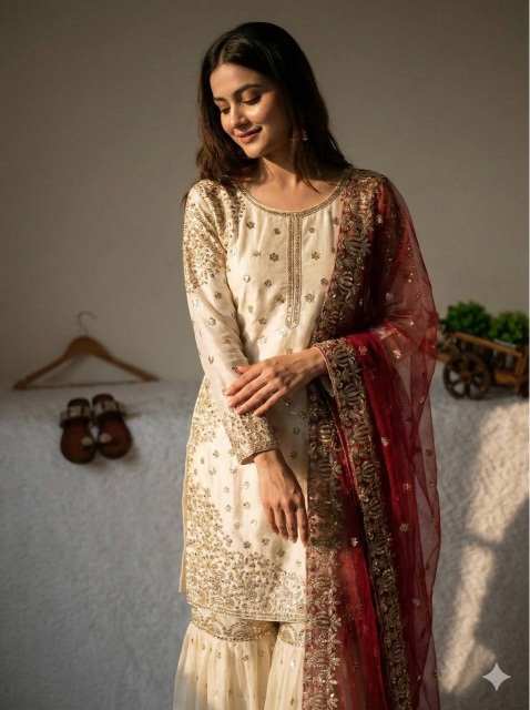 Cream Maroon Embroidered Pure Fendy Silk Sharara Suit