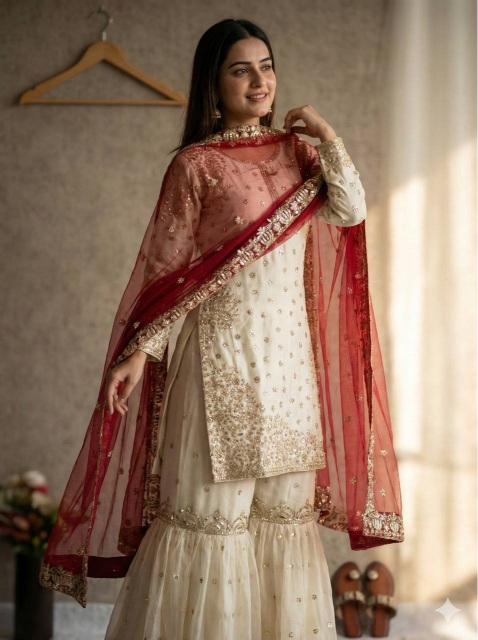Cream Maroon Embroidered Pure Fendy Silk Sharara Suit