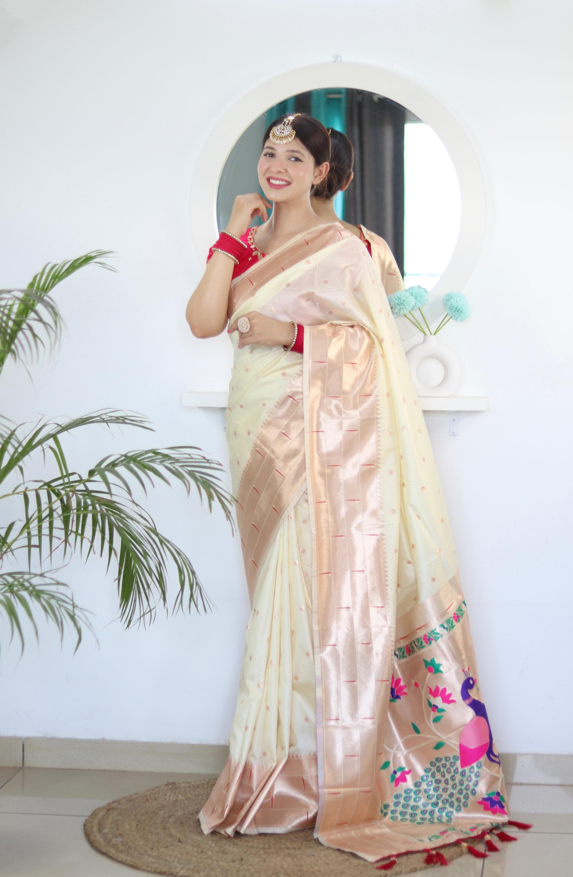 Cream Maroon Paithani Silk Saree
