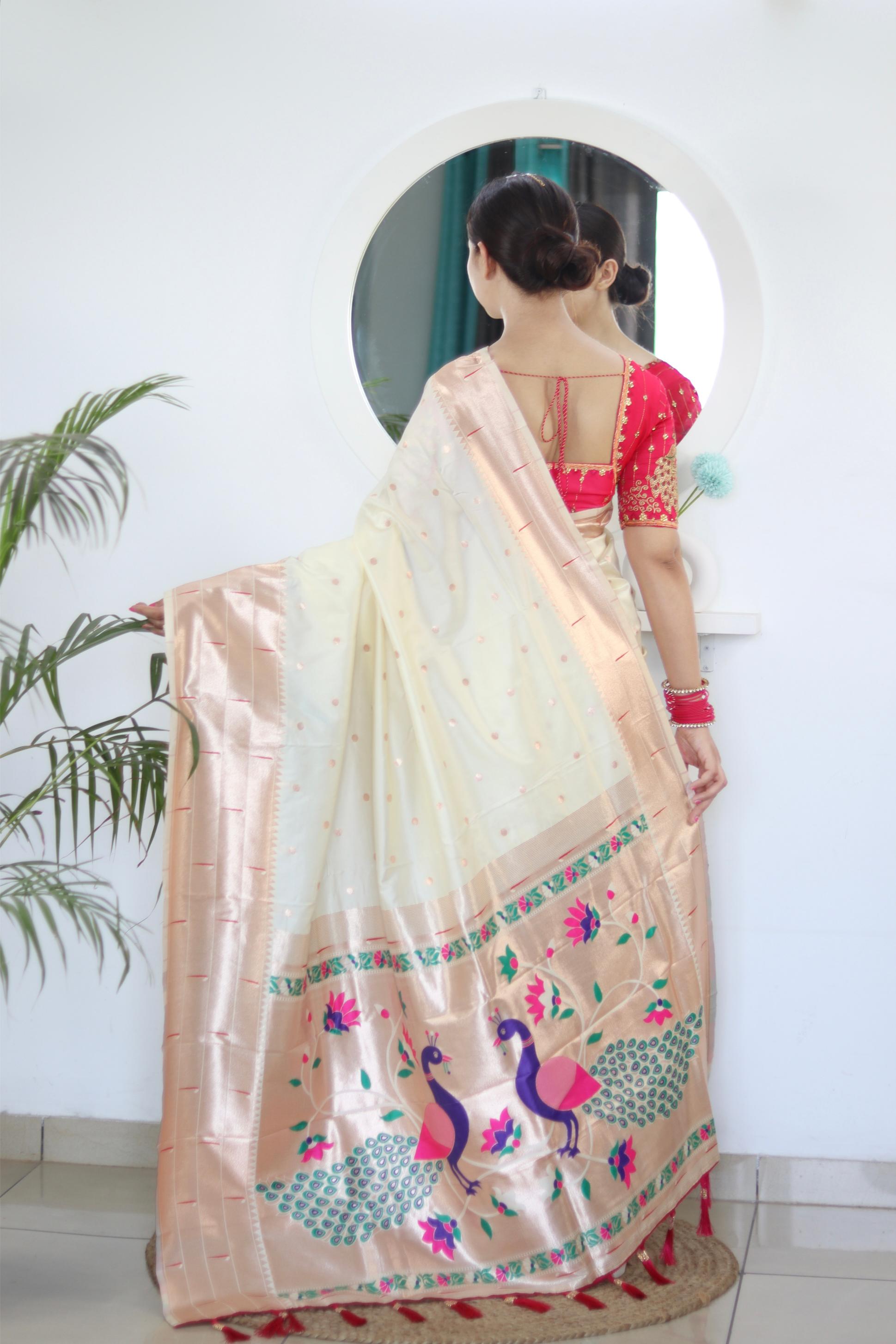 Cream Maroon Paithani Silk Saree — alternate view