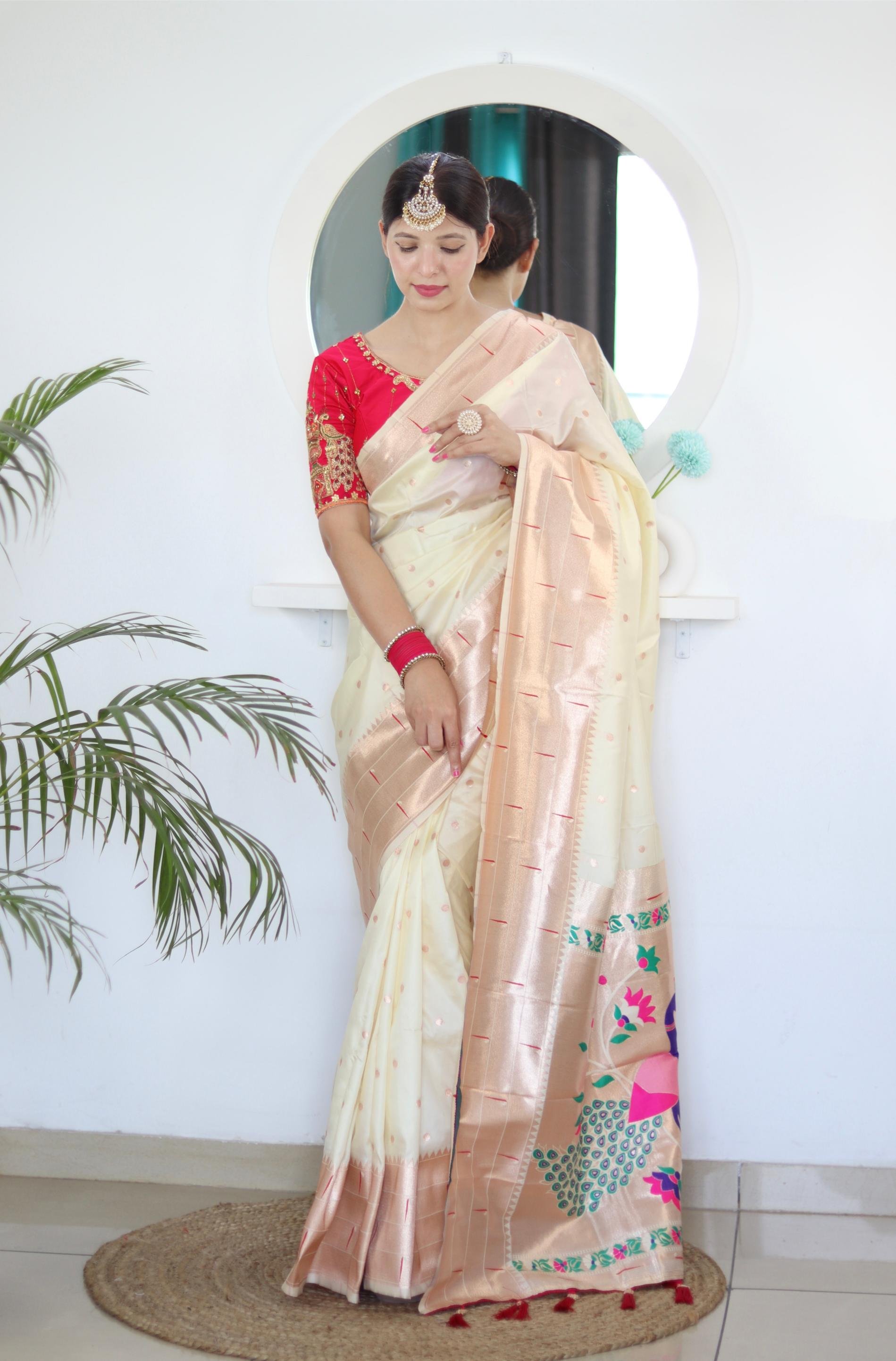 Cream Maroon Paithani Silk Saree