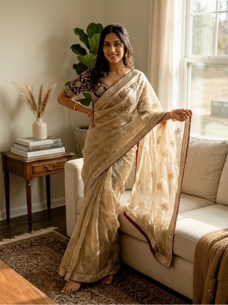 Cream Maroon Sequin Zari Embroidered Satin Saree