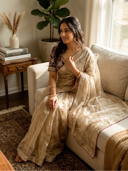Cream Maroon Sequin Zari Embroidered Satin Saree — alternate view