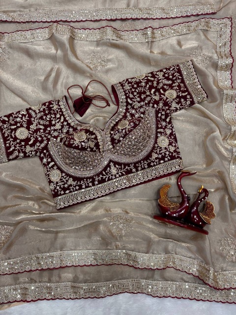 Cream Maroon Sequin Zari Embroidered Satin Saree