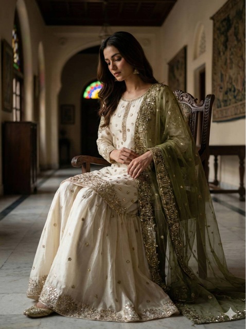 Cream Mehendi Green Embroidered Pure Fendy Silk Sharara Suit