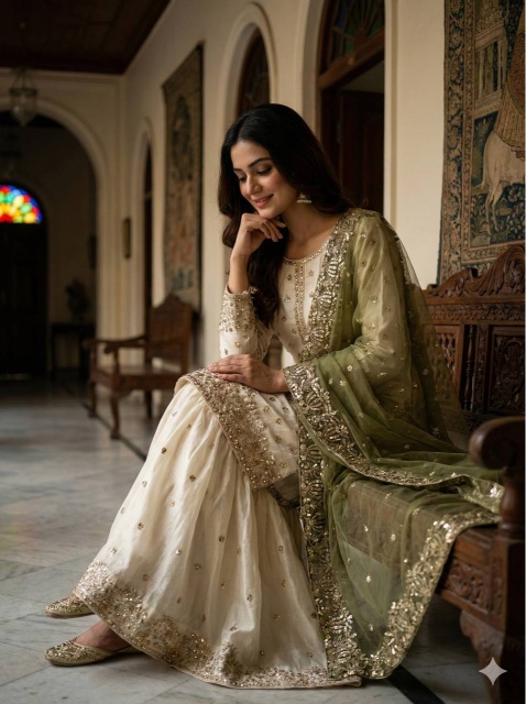 Cream Mehendi Green Embroidered Pure Fendy Silk Sharara Suit