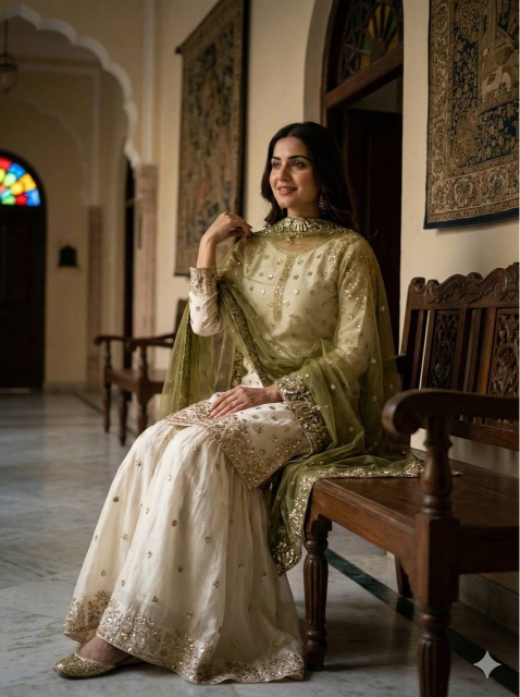 Cream Mehendi Green Embroidered Pure Fendy Silk Sharara Suit