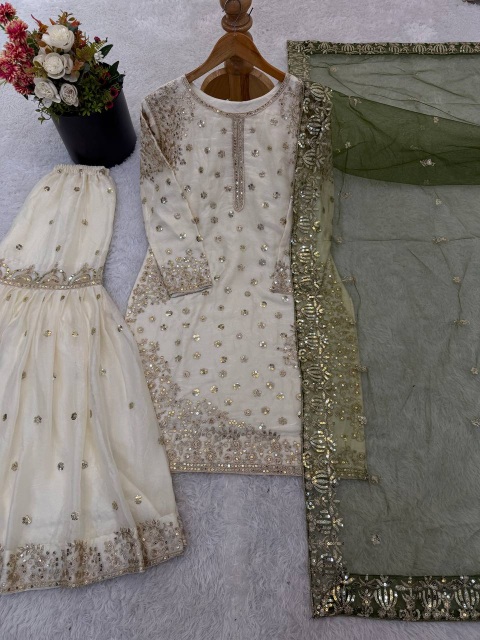 Cream Mehendi Green Embroidered Pure Fendy Silk Sharara Suit