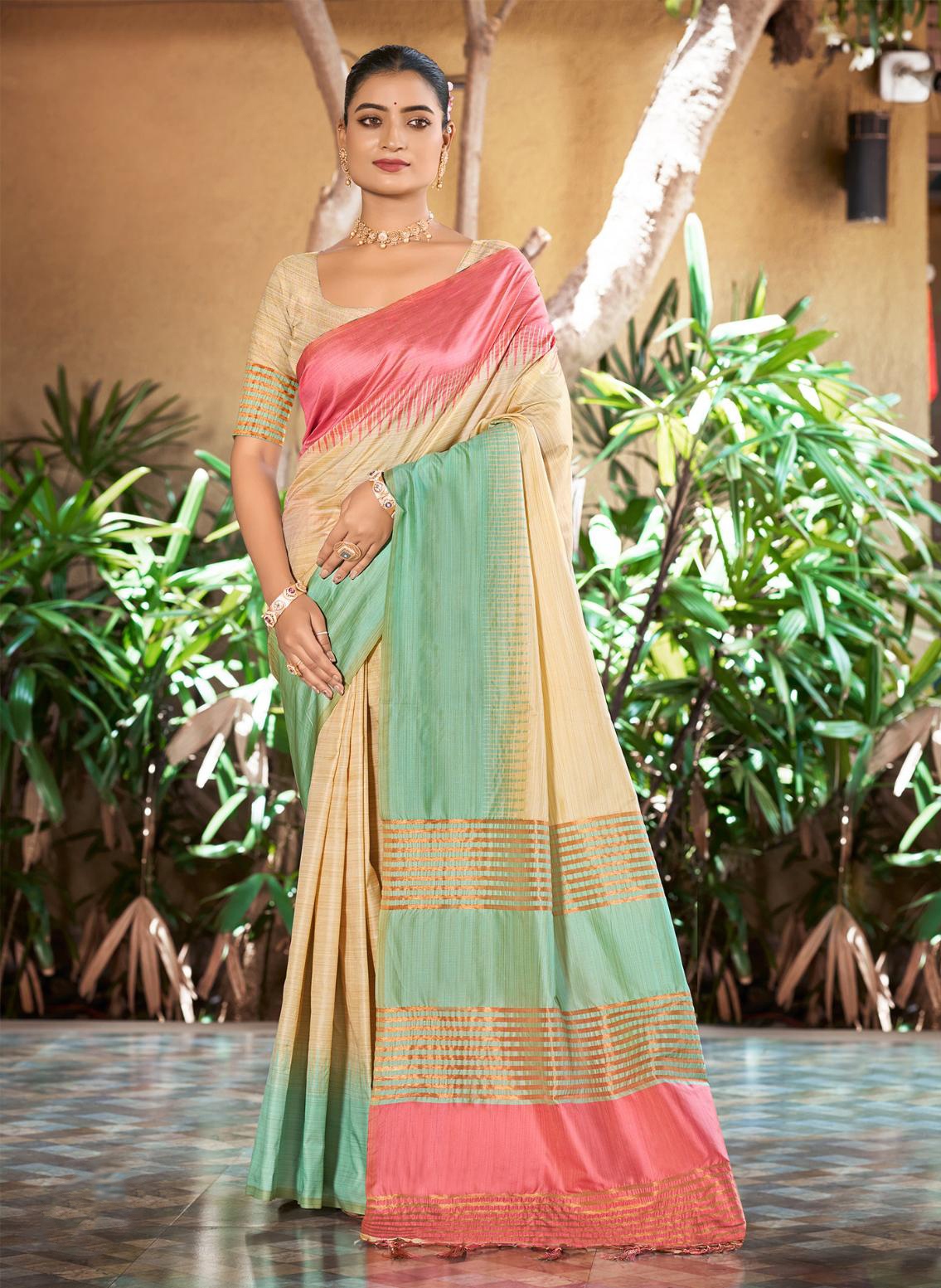 Cream Mint Green Striped Woven Slub Silk Saree