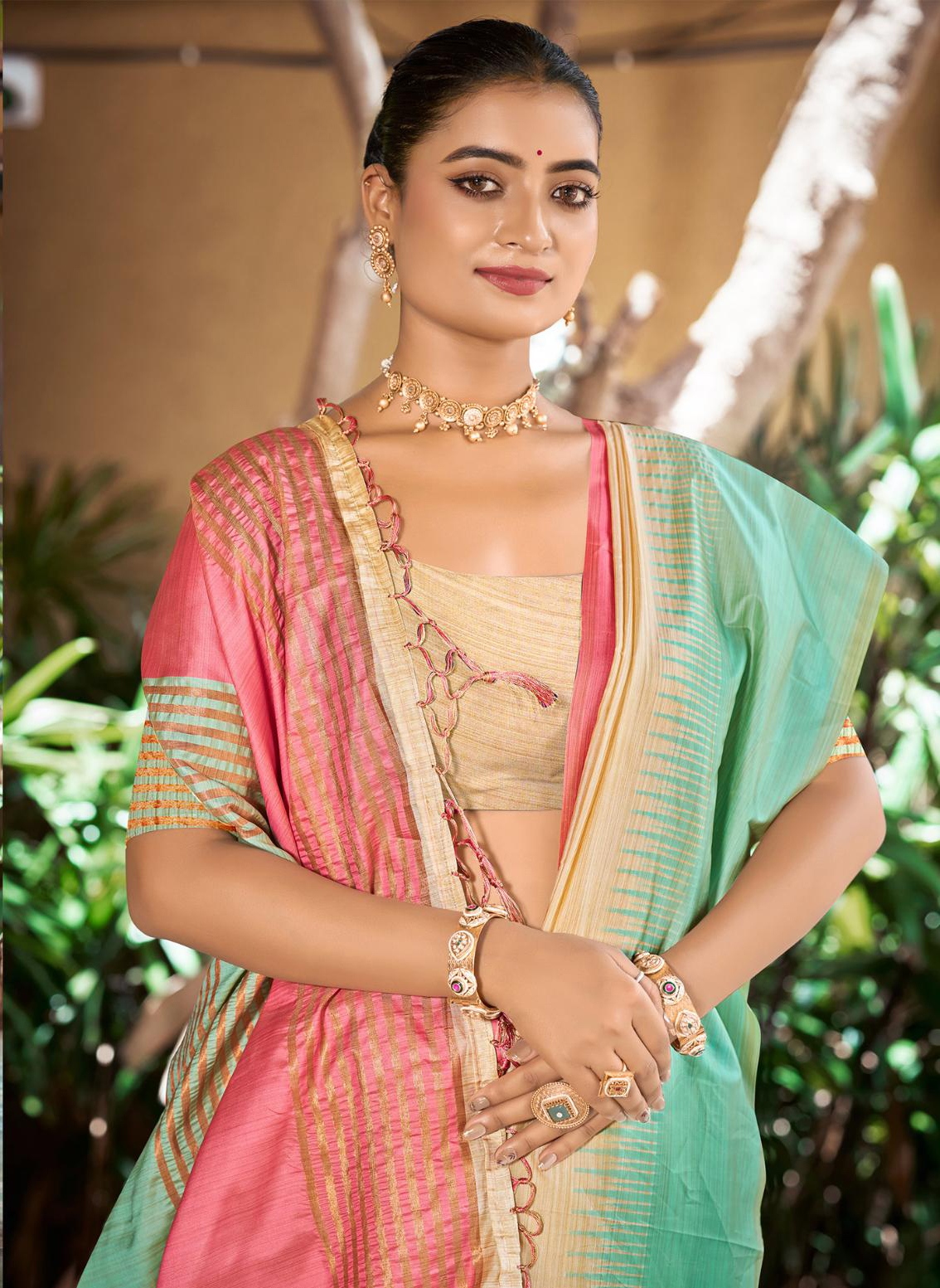 Cream Mint Green Striped Woven Slub Silk Saree — alternate view