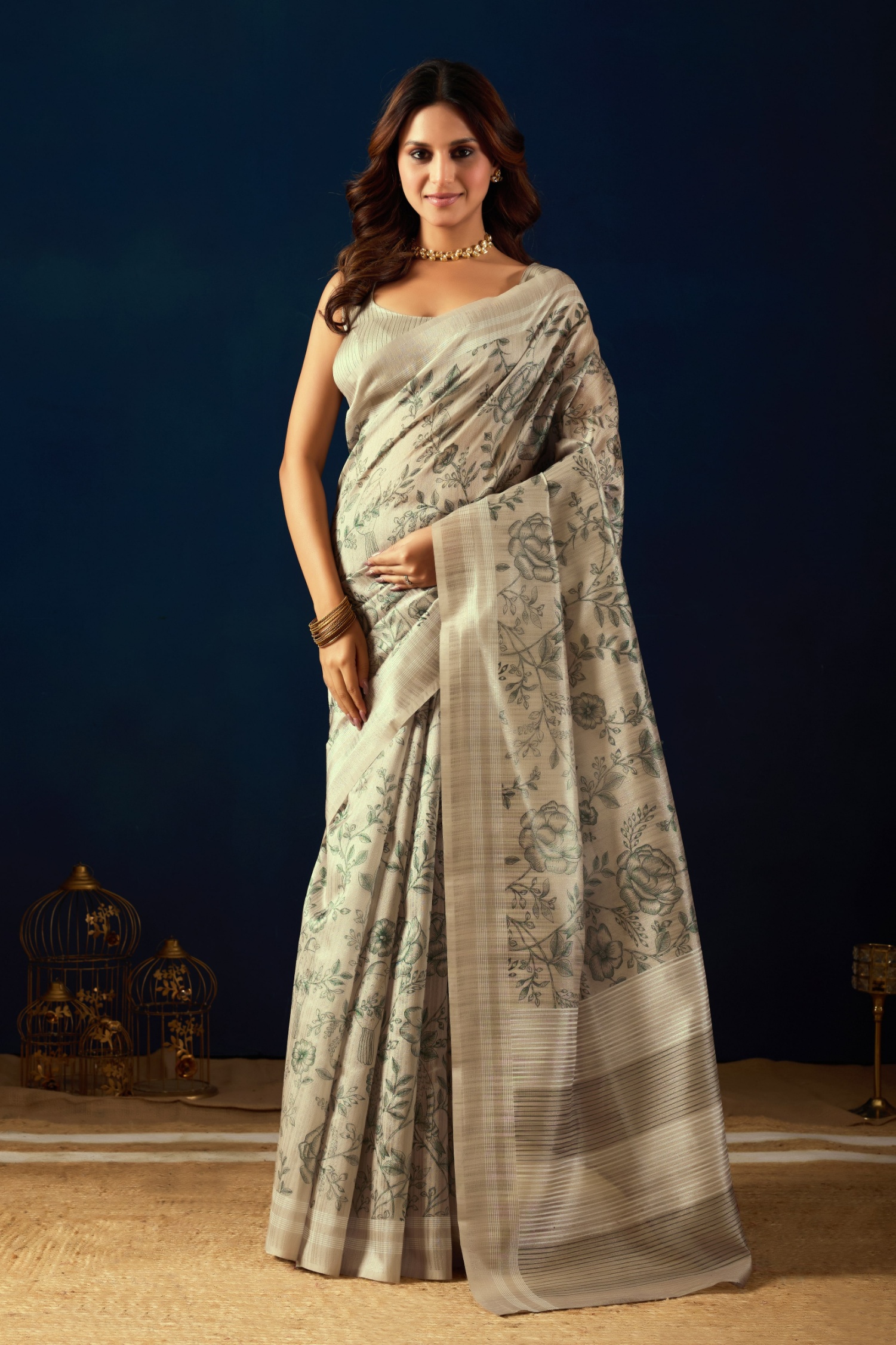 Cream Monochrome Floral Jute Silk Ready To Wear Saree
