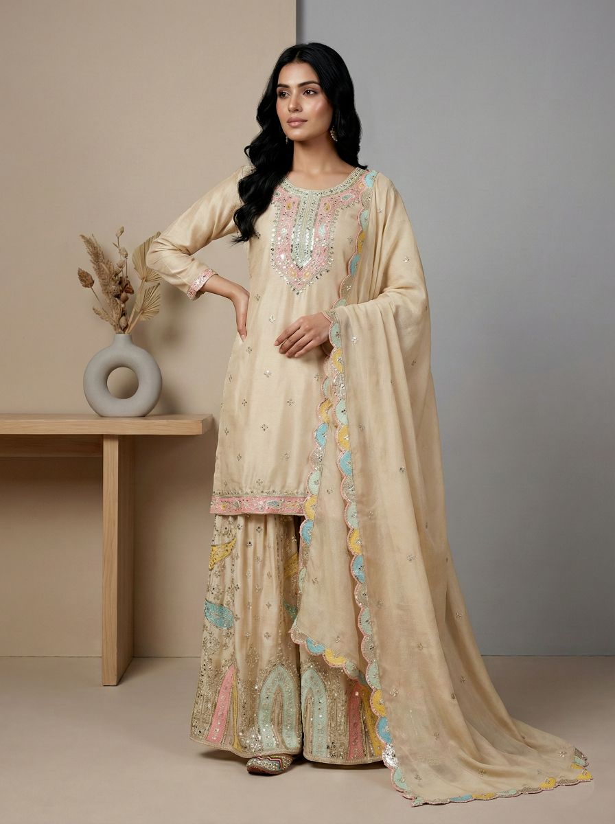 Cream Multi-Thread Embroidered Heavy Chinon Silk Sharara Suit