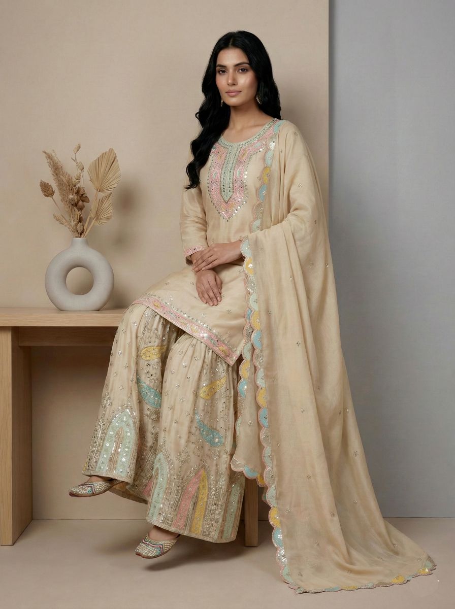 Cream Multi-Thread Embroidered Heavy Chinon Silk Sharara Suit — alternate view
