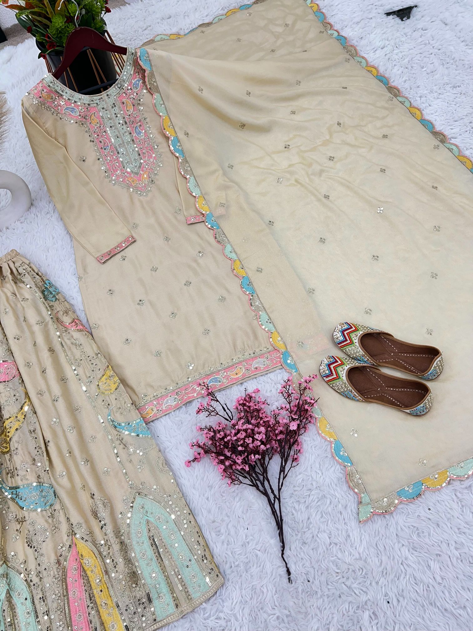 Cream Multi-Thread Embroidered Heavy Chinon Silk Sharara Suit