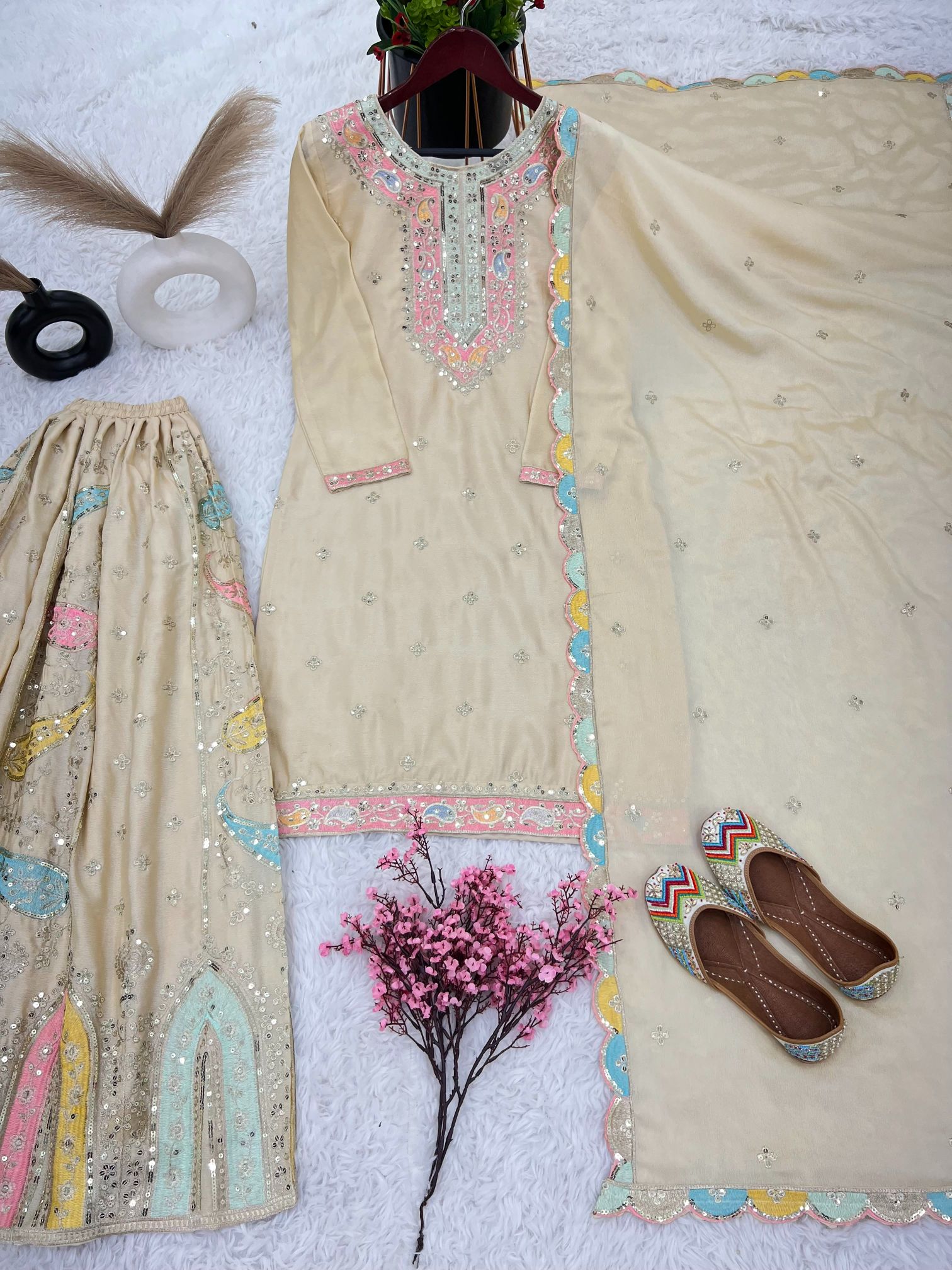 Cream Multi-Thread Embroidered Heavy Chinon Silk Sharara Suit