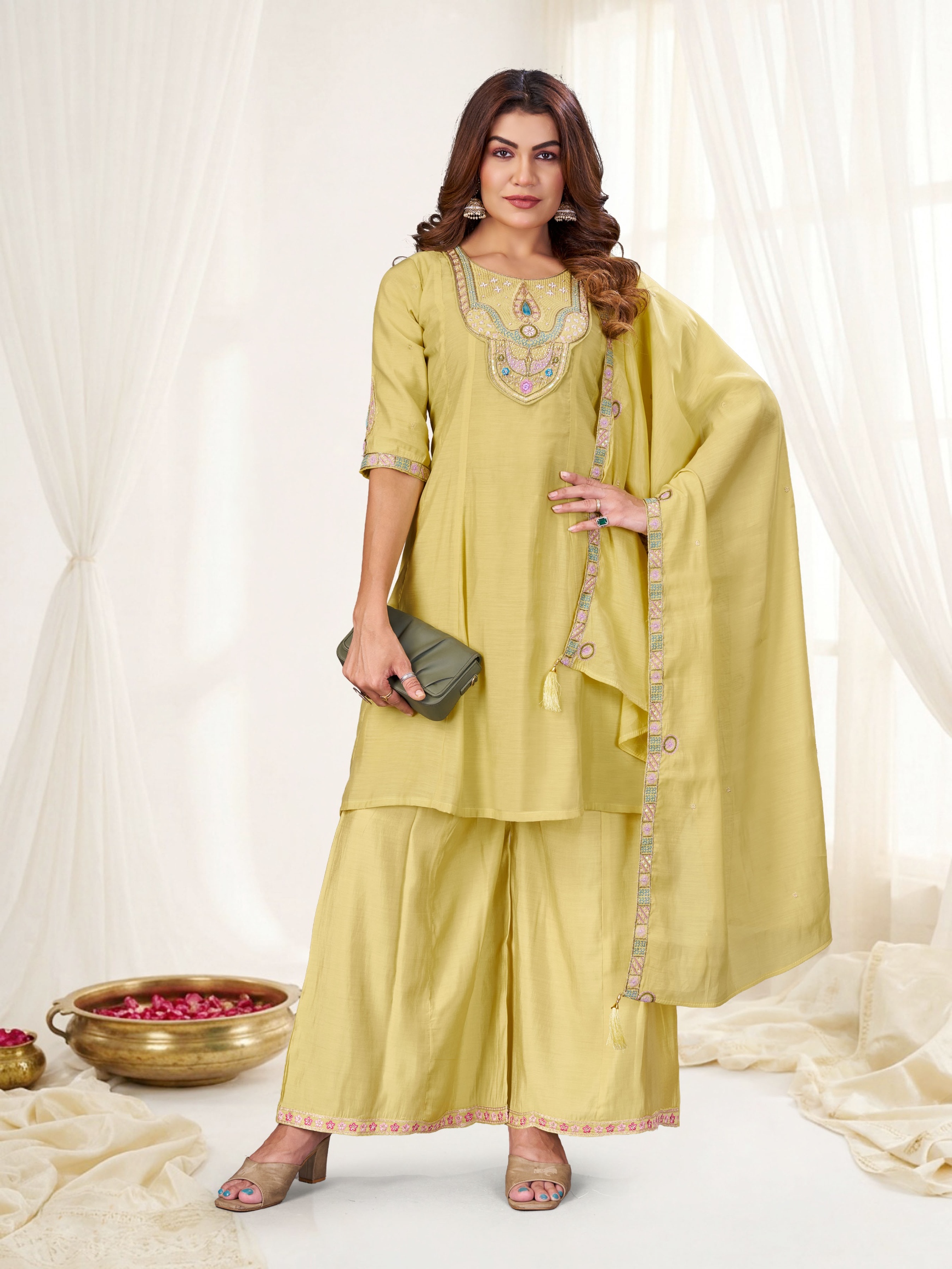 Cream Multi-Thread Embroidery Mal Chenderi Palazzo Suit