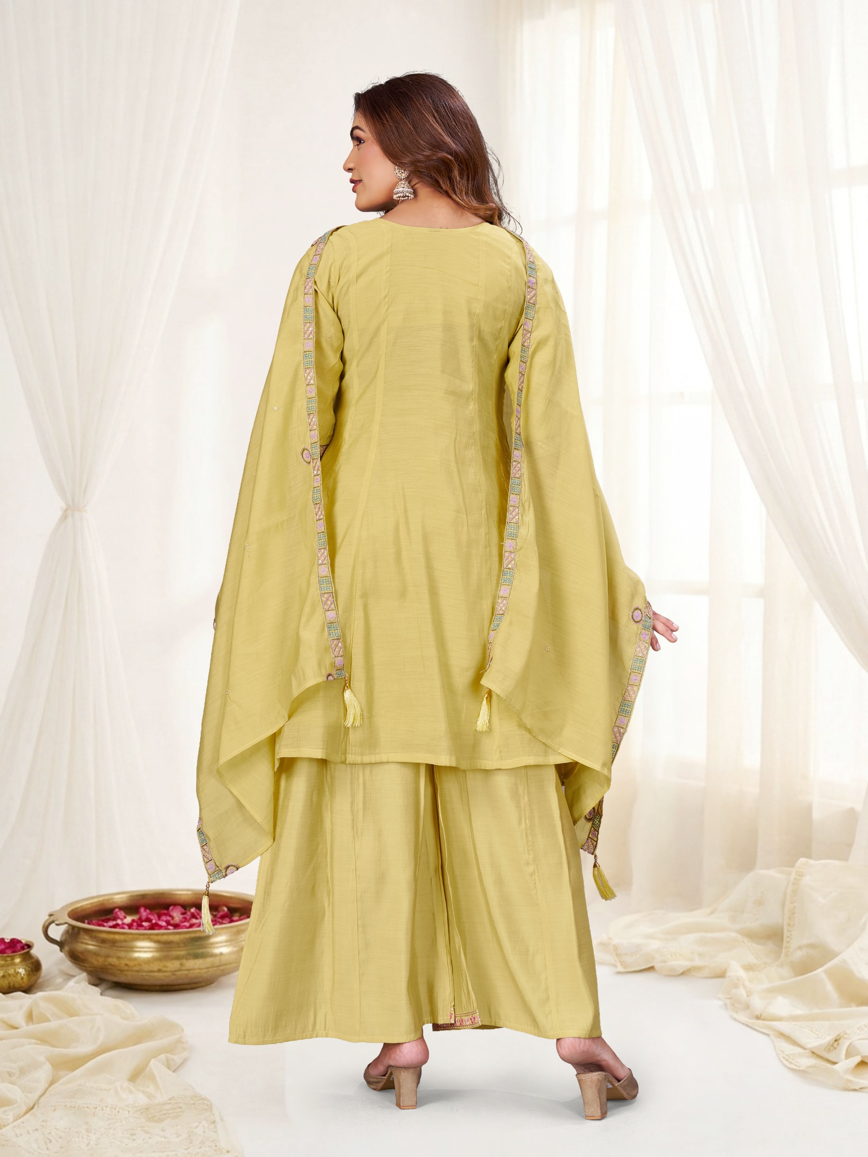Cream Multi-Thread Embroidery Mal Chenderi Palazzo Suit — alternate view