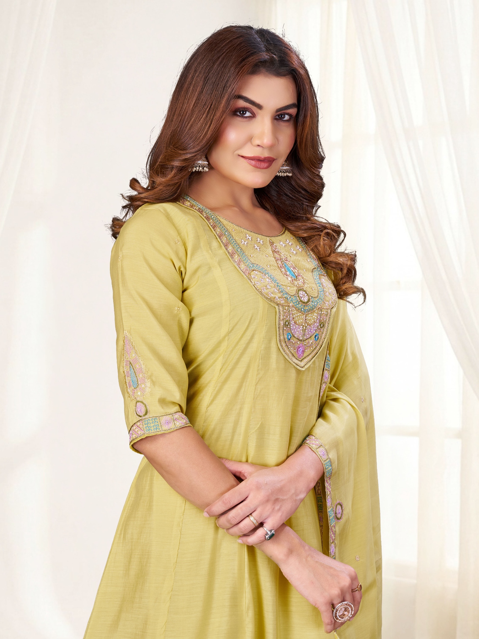 Cream Multi-Thread Embroidery Mal Chenderi Palazzo Suit