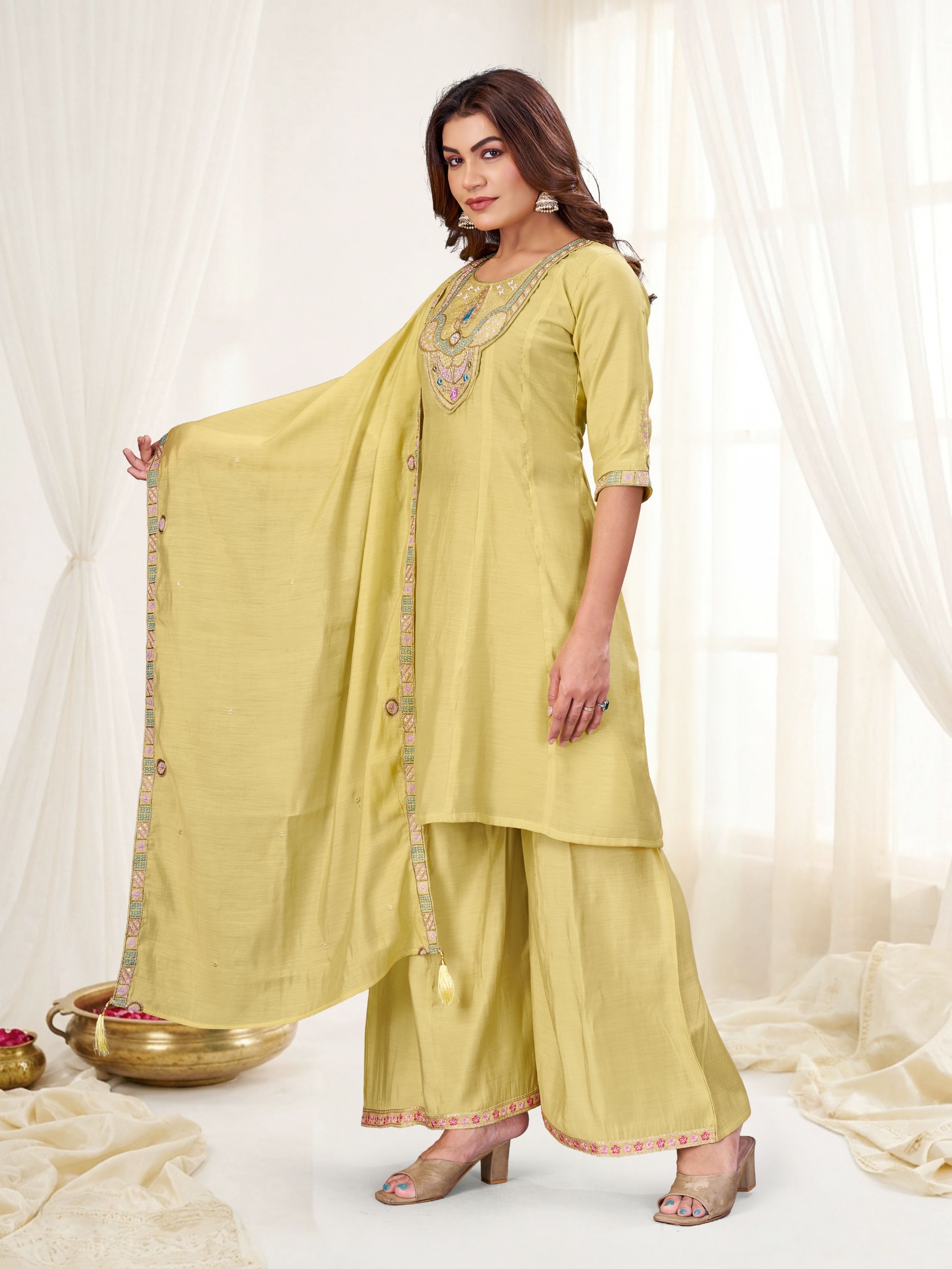 Cream Multi-Thread Embroidery Mal Chenderi Palazzo Suit